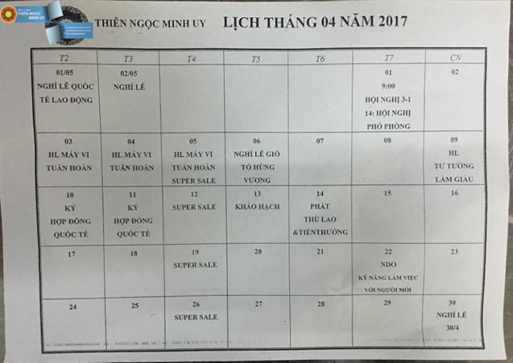 Lịch làm việc tháng 4/2017
