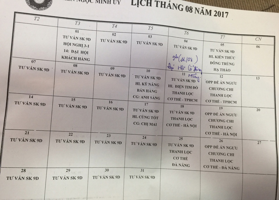 Lịch làm việc tháng 8/2017. Ảnh: Phạm Quang Hòa