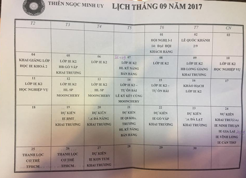 Lịch làm việc tháng 9/2017